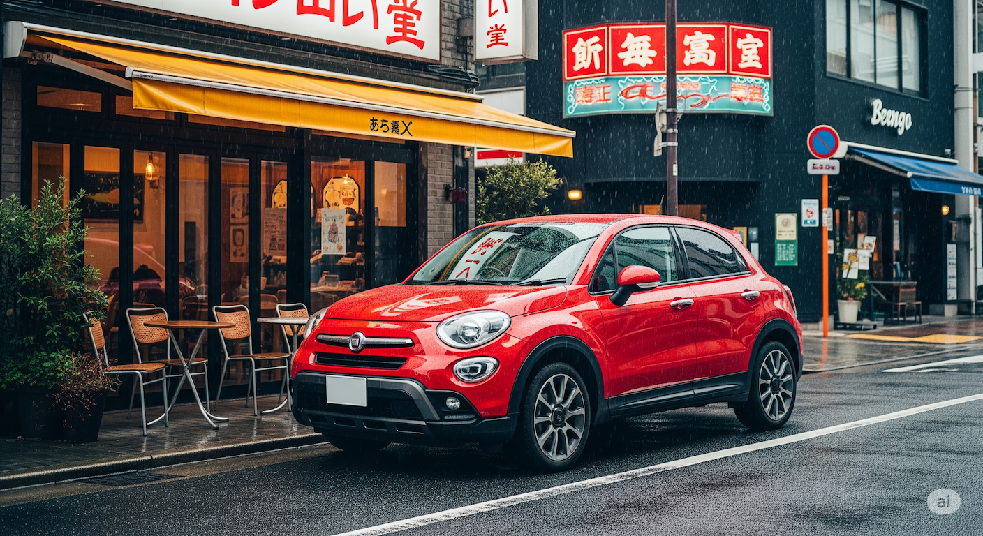 東京の梅雨、カフェにドライブ、赤いSUV